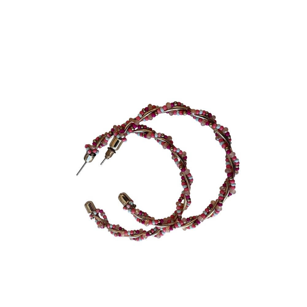 Beaded Multi Color Open Hoop Earring Studs - Picture 4 of 5